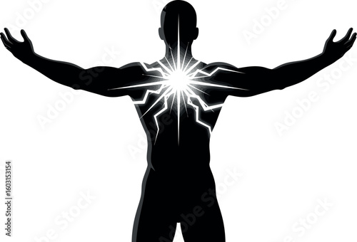 Silhouette of a muscular figure with arms outstretched and a bright light emanating from chest