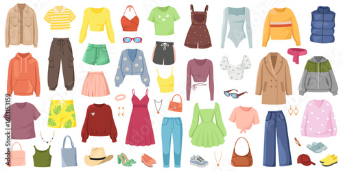 Collection of various casual clothing items and accessories in flat graphic style on white background. Concept of modern fashion outfit set. Vector illustration