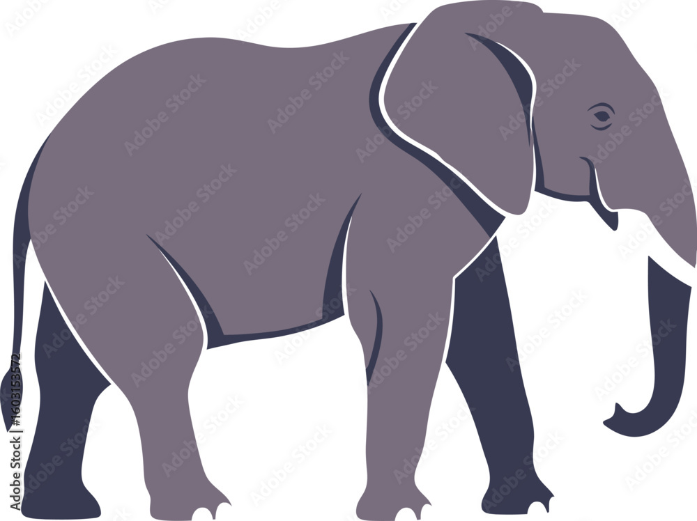 Fototapeta premium Illustration of a gray elephant with long tusks standing on a white background in vector style