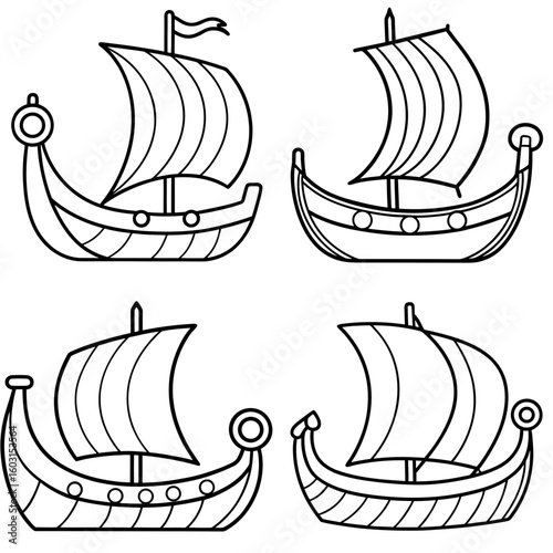 Viking Ship Icon – Outline Vector Illustration of Ancient Nordic Sailboat