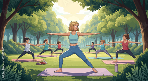 Animated yoga class in a sunlit park, women in warrior pose on mats