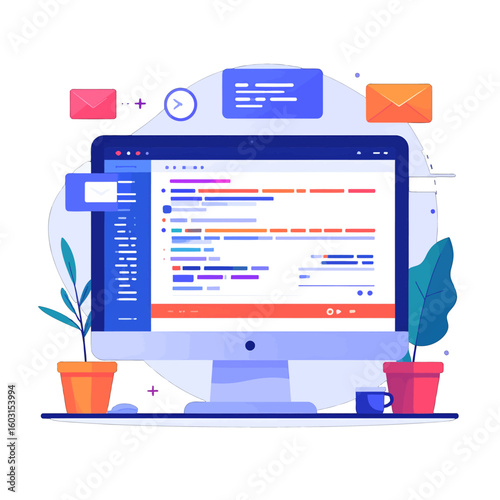 Modern Computer Screen Illustration With Email Icons And Plants