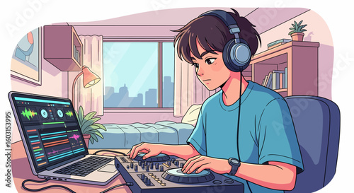 Anime-style DJ Mixing Music with Laptop and Headphones in Bedroom