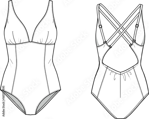 Women’s one-piece swimsuit flat sketch, front and back view, fashion vector drawing, criss-cross straps, padded cups, swimwear design technical template