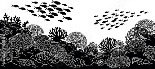Black and white illustration of coral reef with schools of fish swimming above the coral formations