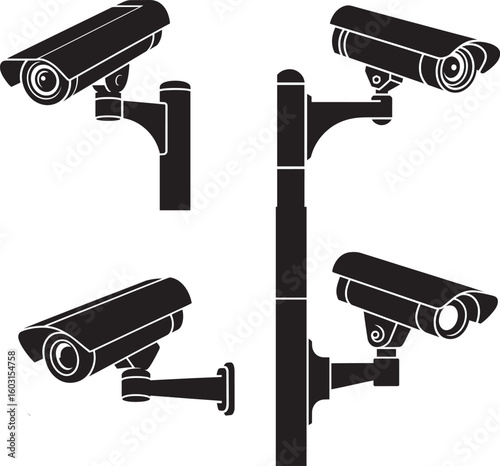 Black security cameras mounted on a pole surveillance technology