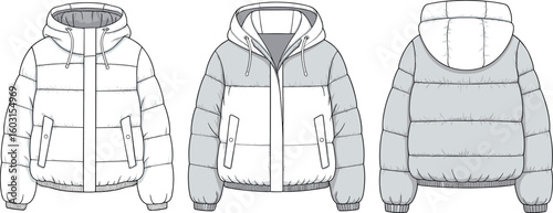 Puffer jacket fashion illustration front and back view, hooded winter design, zippered pockets, stylish outerwear sketch, cold weather clothing template