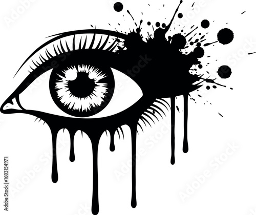 A stylized black and white illustration of an eye with dripping paint and splatter effect