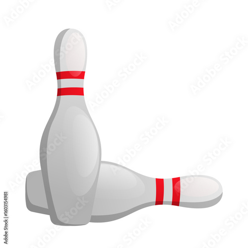 Two bowling pins with red stripes in cartoon style on a white background. Concept of bowling game and sport equipment. Vector illustration