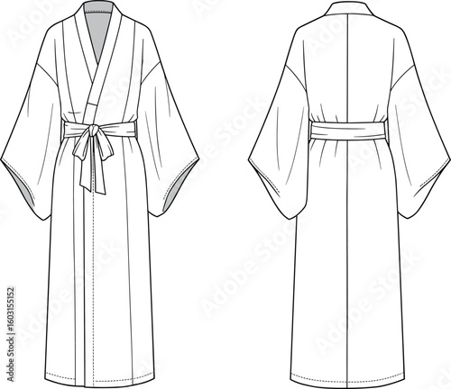 Kimono bathrobe technical flat sketch, women’s robe vector template, front and back view, fashion design outline, garment CAD drawing
