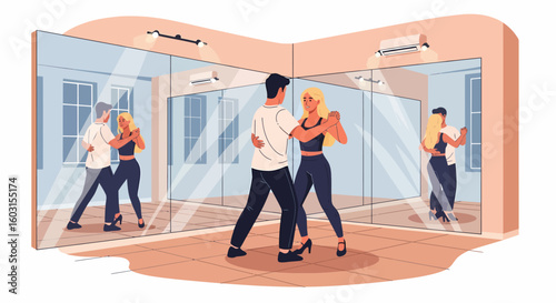 Ballroom Dancers in Studio with Mirrored Reflections, Man in White Shirt, Woman in Black Top