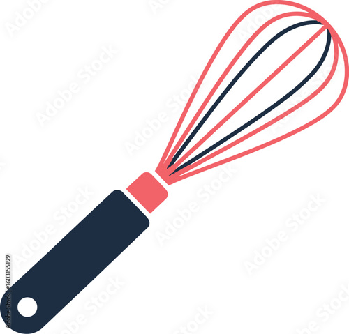 A colorful whisk with a black handle and red and purple wires isolated on a white background