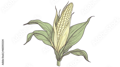 Fresh Sweet Corn Cob Surrounded by Green Leaves on White Background