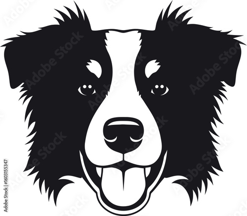 A black and white graphic illustration of a dog's face with its tongue sticking out slightly