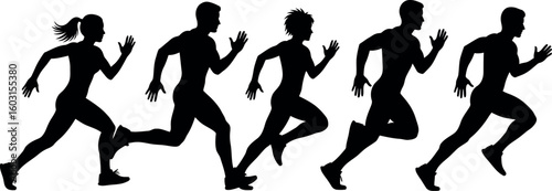 A silhouette illustration of a group of five runners in motion against a white background image