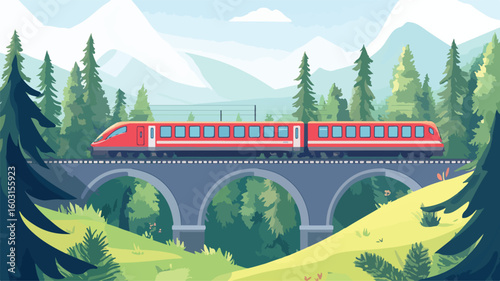 Express Passenger Train Crossing Bridge in Picturesque Natural Setting