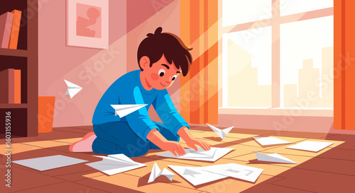 Boy in blue making paper airplanes on the floor near a sunlit window.