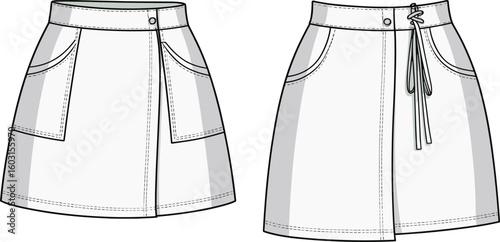 Stylish long skirts with drawstring waist, front and back view, modern fashion apparel illustration, trendy design template for clothing