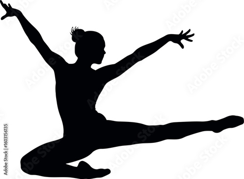 Silhouette of a female gymnast performing a leap with arms extended against a white background