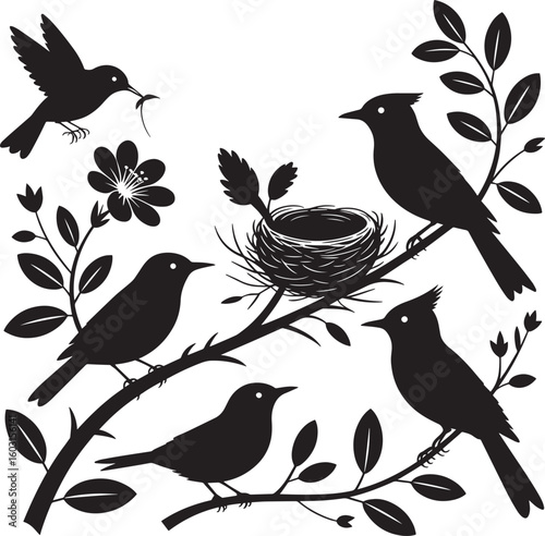 Black silhouettes of birds on branches with a nest and flower white