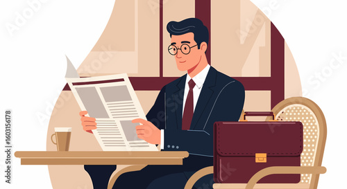Businessman Reading Newspaper at Cafe with Briefcase