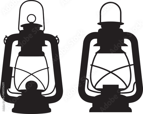 Black silhouette of two vintage oil lanterns antique classic