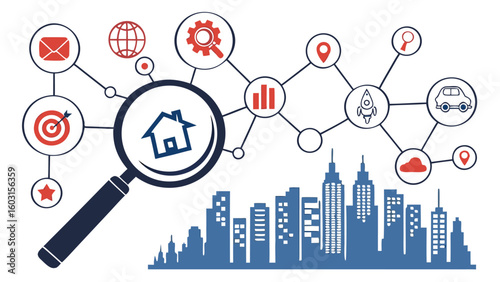 Digital Forensics: Magnifying Glass Over Metropolis of Online Icons—Cyber Investigation & Data Search Concept—EPS Vector