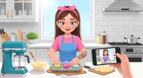 Cartoon baker with floral tattoo frosting cupcakes, filmed on a smartphone.