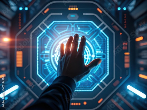 Human hand interacting with futuristic blue holographic interface in sci fi setting