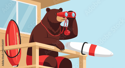 Cartoon bear lifeguard in tower with red binoculars and rescue equipment