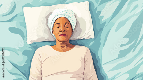 Elegant Gray Black Woman Resting in Sleep Cap Top View