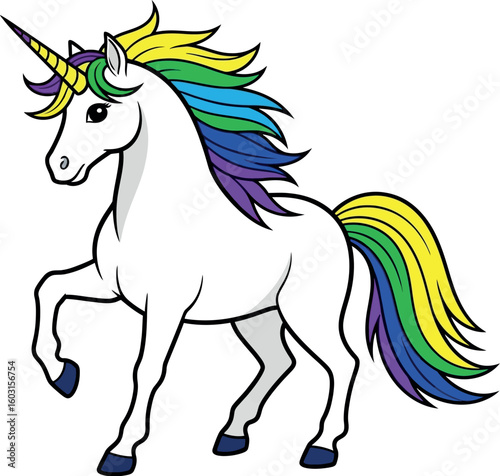 A cartoon illustration of a white unicorn with a rainbow mane and tail on a white background