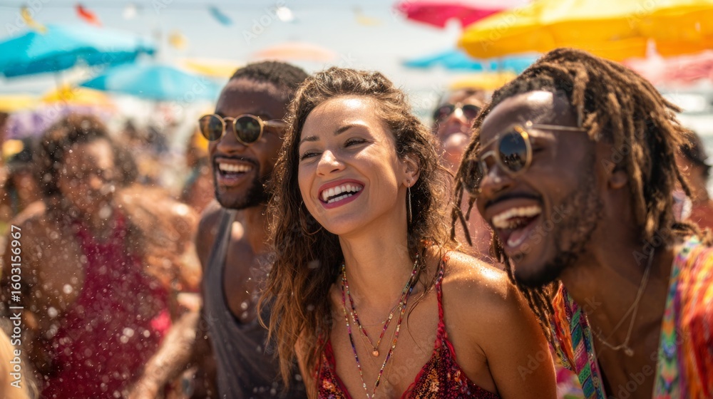 Fototapeta premium A happy diverse group of friends laughing and having fun at a beach party, with umbrellas, beach towels, and ocean waves in the background, bright sunny day.
