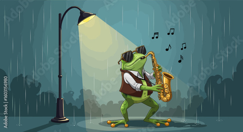 Cartoon frog musician playing saxophone under a streetlamp in the rain