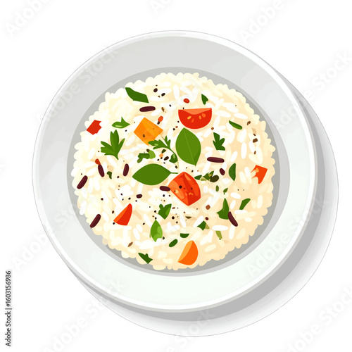 Colorful Vegetable Mixed Rice Dish On White Plate