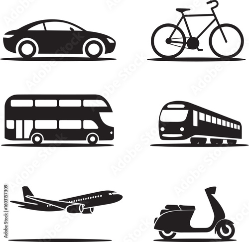 Diverse transportation modes illustrated with clean black vector silhouettes vehicle bicycle