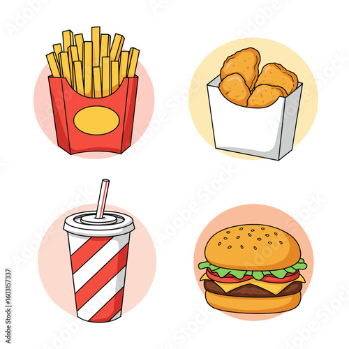 Cartoon illustration of fast food items: fries, nuggets, soda, and burger on transparent background