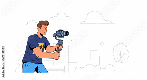 Cartoon man filming with a gimbal-stabilized camera in an outdoor setting