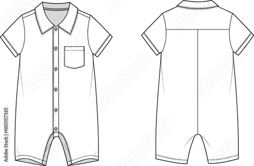 Flat sketch of baby romper with collar and short sleeves, button-down front, vector fashion technical drawing for infant or toddler wear