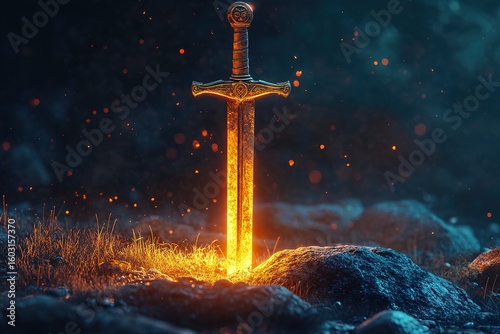 fantasy sword in stone, glowing softly