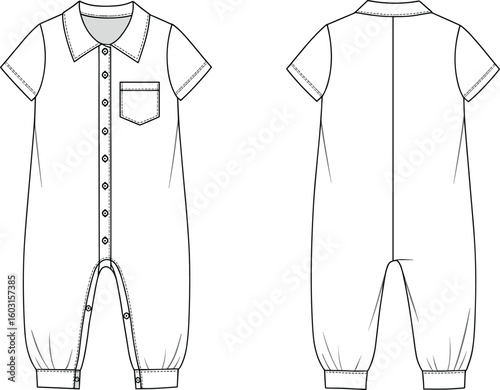 Flat sketch of baby romper with collar, front buttons and pocket, short sleeves, vector fashion technical drawing for kidswear