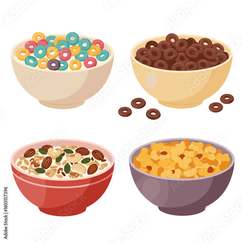 Four bowls of cereal: colorful rings, chocolate rings, granola with nuts, and yellow flakes on transparent background