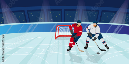 Two hockey players in action on ice rink, flat graphic style, stadium background, concept of competition and teamwork. Vector illustration
