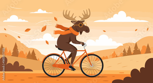 Cartoon moose with glasses and scarf riding an orange bicycle in autumn