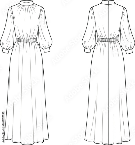 Flat sketch of women’s long maxi dress with bishop sleeves, high neckline, waist gathering, fashion technical illustration for garment design