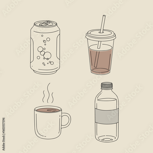 Illustration of four different beverages: soda can, iced drink, coffee, and water bottle on transparent background