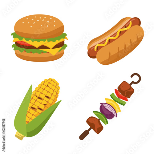 Cartoon illustration of burger, hotdog, corn, and kebab on transparent background