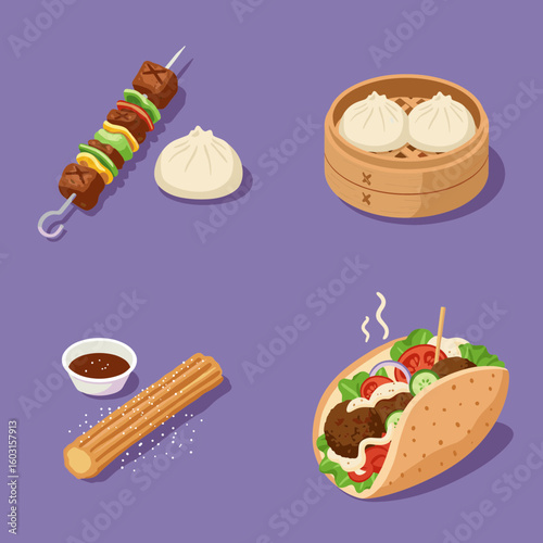 Isometric assortment of global street foods on purple background on transparent background