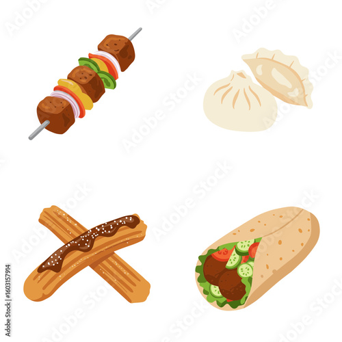 Assorted food items: skewer, dumplings, churros, and wrap on transparent background