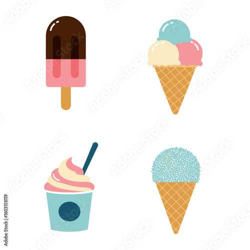 Four colorful ice cream treats on white background on transparent background
